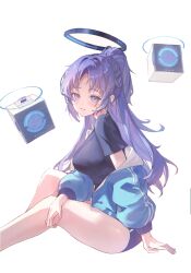 1girl black_shirt blue_archive blue_buruma blue_jacket buruma drone drone_(drone_37) gym_shirt gym_uniform halo jacket jacket_partially_removed mechanical_halo official_alternate_costume shirt solo star_sticker sticker_on_face track_jacket yuuka_(blue_archive) yuuka_(track)_(blue_archive)
