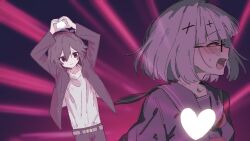 2boys blush closed_eyes commentary_request crossdressing gakuran glasses heart heart_hands highres jacket komiroku male_focus multiple_boys open_clothes open_jacket purple_background randal&#039;s_friends school_uniform serafuku short_hair trap tsukada_satoru yamada_(randal&#039;s_friends) yaoi