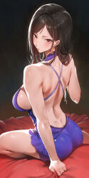 1girl absurdres ass bare_arms bare_shoulders black_background black_hair blush breasts commentary commission dress earrings english_commentary final_fantasy final_fantasy_vii final_fantasy_vii_rebirth final_fantasy_vii_remake from_behind highres jewelry large_breasts long_hair looking_at_viewer looking_back making-of_available official_alternate_costume parted_lips purple_dress red_eyes rororo sitting solo thighs tifa_lockhart tifa_lockhart_(refined_dress)