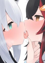 2girls absurdres black_hair blue_eyes blush breath brown_eyes commentary eye_contact french_kiss grey_hair hand_on_another&#039;s_chin highres hololive kiss looking_at_another multicolored_hair multiple_girls ookami_mio oyashiro_ooo red_hair saliva saliva_trail shirakami_fubuki simple_background streaked_hair sweat tongue tongue_out virtual_youtuber white_background yuri