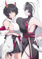 2girls ;3 azami_(blue_archive) black_hair black_nails blue_archive breast_press breasts broken_horn earrings eyeliner halo highres hoop_earrings horns japanese_clothes jewelry large_breasts long_hair makeup mole mole_under_eye mole_under_mouth multicolored_hair multiple_girls niya_(blue_archive) one_eye_closed ousaka_(buppa_man) red_eyeliner short_hair sideboob snake_hair symmetrical_docking two-tone_hair white_hair yellow_eyes