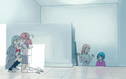 Rule 34 | 4girls, black socks, blue eyes, blue hair, blush, closed eyes, closed mouth, codeyamada, flower, grey skirt, hair flower, hair ornament, hanasato minori, hand in another&#039;s hair, hand on another&#039;s face, highres, hinomori shizuku, hood, hoodie, indoors, kiritani haruka, kneehighs, kneeling, long hair, medium hair, momoi airi, multiple girls, neckerchief, open mouth, orange hair, parted lips, pink hair, pleated skirt, project sekai, purple hoodie, red neckerchief, school uniform, serafuku, shirt, shoes, short sleeves, skirt, smile, socks, squatting, stairs, sweat, white shirt, white shoes, yuri