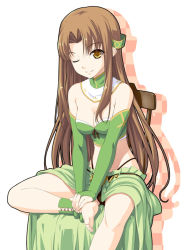 Rule 34 | 00s, 1girl, ankle cuffs, aria (seiken no blacksmith), barefoot, breasts, brown hair, cleavage, feet, female focus, highleg, kazami fukashido, long hair, one eye closed, seiken no blacksmith, sitting, skirt, smile, solo, toes, wink, yellow eyes