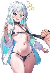 Rule 34 | 1boy, 1girl, ?, absurdres, akua (akua326326326), animal collar, aqua eyes, aqua hair, bare shoulders, bdsm, bikini, black bikini, blush, bondage, bound, braid, breasts, cleavage, collar, collarbone, colored inner hair, cross hair ornament, embarrassed, full-face blush, hair ornament, highres, holding, holding leash, jacket, leash, long hair, long sleeves, medium breasts, multicolored hair, navel, open mouth, original, simple background, slave, smile, stomach, sweat, swimsuit, viewer holding leash, wavy mouth, white background, white hair, white jacket