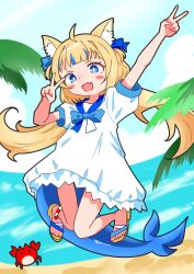 Rule 34 | 1girl, absurdres, ahoge, alternate costume, animal ears, b j blazkowicz, blue eyes, blue hair, brown sandals, cat ears, double v, dress, fang, fins, fish girl, fish tail, highres, indie virtual youtuber, kaniki (sameko saba), long hair, looking at viewer, low twintails, sameko saba, sandals, skin fang, solo, tail, twintails, v, very long hair, white dress