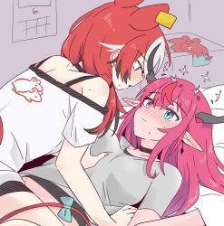 2girls animal_ears black_choker black_hair blue_eyes blush calendar_(object) choker closed_mouth ear_blush ear_tag eye_contact grabbing_another&#039;s_breast grey_shirt groping hakos_baelz halo hololive hololive_english horns indoors irys_(hololive) looking_at_another mouse_ears mouse_girl mouse_tail multicolored_hair multiple_girls off-shoulder_shirt off_shoulder pink_eyes pink_hair pointy_ears ramphastostella red_hair shirt straddling streaked_hair tail virtual_youtuber white_hair white_shirt yuri