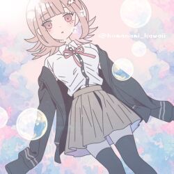1girl :o black_jacket black_thighhighs breasts brown_hair brown_skirt collared_shirt colorful_background danganronpa_(series) danganronpa_2:_goodbye_despair dress_shirt feet_out_of_frame flipped_hair galaga jacket komanami_kawaii large_breasts looking_at_viewer miniskirt nanami_chiaki neck_ribbon open_clothes open_jacket pink_eyes pink_ribbon ribbon shirt skirt solo spaceship_hair_ornament thighhighs white_shirt zettai_ryouiki