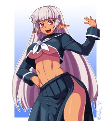 1girl arcana_heart arcana_heart_2 black_serafuku black_shirt black_skirt breasts bright_pupils cosplay crop_top dark-skinned_female dark_skin elf eyebrows eyelashes female_focus groin heart heart-shaped_pupils hida_naria long_hair long_skirt long_sleeves medium_breasts midriff navel neckerchief no_bra outline parace_l&#039;sia pleated_skirt pointy_ears sailor_collar school_uniform serafuku shirt side_slit skirt sleeve_cuffs solo stomach straight_hair symbol-shaped_pupils tokinomiya_kamui tokinomiya_kamui_(cosplay) twitter_username underboob very_long_hair white_neckerchief white_outline white_pupils