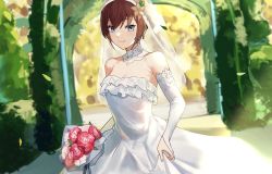 arch blue_eyes blush bouquet breasts bridal_gauntlets bridal_veil bride brown_hair cleavage closed_mouth detached_sleeves dobure18 dress elbow_gloves floral_arch flower frills gloves hana_macchia happy_birthday highres looking_at_viewer nijisanji nijisanji_id pink_dress rose smile veil virtual_youtuber wedding wedding_dress white_dress