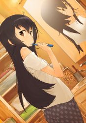 1girl amakusa_shino bare_shoulders bathroom black_hair brown_eyes brushing_teeth dutch_angle female_focus long_hair looking_at_viewer mirror mirror_image off-shoulder_shirt off_shoulder orz_(orz57) pajamas reflection seitokai_yakuindomo shirt solo toothbrush