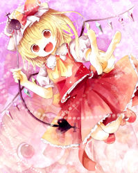 1girl bad_id bad_pixiv_id blonde_hair bow fang female_focus flandre_scarlet happy hat hat_ribbon ichitaro laevatein open_mouth red_eyes red_skirt ribbon short_hair skirt solo embodiment_of_scarlet_devil touhou v vest wings