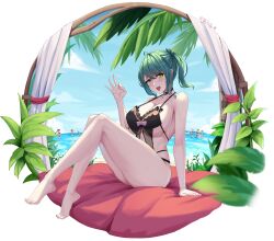 absurdres azur_lane beach black_one-piece_swimsuit breasts cleavage dead_or_alive dead_or_alive_6 dead_or_alive_xtreme dead_or_alive_xtreme_venus_vacation fellatio_gesture full_body grayfoxpochi green_hair highres large_breasts looking_at_viewer manjuu_(azur_lane) multicolored_hair official_alternate_costume ok_sign one-piece_swimsuit round_image sitting streaked_hair swimsuit tamaki_(doa) tamaki_(venus_shower_time)_(doa)