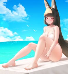 1girl absurdres animal_ear_fluff animal_ears barefoot bikini bird black_hair blue_sky blunt_bangs blush breasts cleavage closed_mouth cloud day fox_ears full_body highres hoshimi_miyabi knees_up large_breasts long_hair ocean outdoors red_eyes sitting sky solo straight_hair swimsuit thighs very_long_hair white_bikini yomining zenless_zone_zero