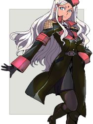 blue_eyes dark-skinned_female dark_skin long_hair lowres military military_uniform pantyhose punpun silver_hair solo