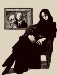 1girl armchair belt black_dress black_hair chair dress full_body greyscale highres long_hair monochrome original painting_(object) picture_frame sitting solo tp_p_pt white_background