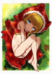 1girl absurdres aereist barefoot black_souls blonde_hair blue_eyes bruise cape cuts female_focus flat_chest full_body highres hood hooded_cape injury knees_up loli looking_at_viewer lying naked_cape on_side red_cape red_hood_(black_souls) sketch solo