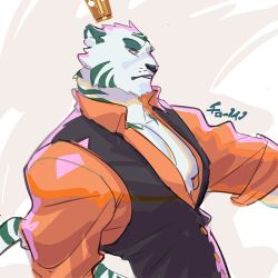1boy bara black_vest cilohnoino collarbone collared_shirt floating_crown furry furry_male looking_ahead male_focus muscular muscular_male orange_shirt original parted_lips pectoral_cleavage pectorals shirt solo tiger tiger_boy upper_body vest white_tiger