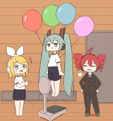 +++ 3girls :i ahoge angry aqua_eyes aqua_hair balloon bananafish1111 barefoot black_jacket black_pants black_shorts black_suit blonde_hair blush_stickers bow chair cheating_(competitive) clapping closed_eyes closed_mouth commentary door drill_hair emphasis_lines floating formal_clothes gym gym_uniform hair_bow hair_ornament hands_on_own_hips hatsune_miku headphones highres impressed indoors jacket kagamine_rin kasane_teto long_hair multiple_girls necktie open_mouth pants puff_of_air red_hair red_necktie shirt short_hair short_sleeves shorts suit suit_jacket twin_drills twintails utau v-shaped_eyebrows very_long_hair vocaloid weighing_scale white_bow white_shirt wooden_floor