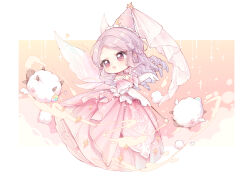 Rule 34 | 1girl, absurdres, animal, argyle clothes, argyle hat, chibi, choker, crescent print, detached sleeves, dot nose, dress, drill hair, elbow gloves, enchanted encounter (infinity nikki), eyelashes, fairy, fairy wings, floating clothes, frilled headwear, frilled sleeves, frills, full body, gloves, gown, happy, hat, hat ornament, highres, holding, holding wand, infinity nikki, lace, lace gloves, light blush, light particles, long dress, long hair, looking to the side, magic, nikki (series), nuli de chengzhi er, open mouth, orange background, outside border, parted bangs, petticoat, pink choker, pink dress, pink eyes, pink hair, pink hat, pink sleeves, pink theme, pink veil, pink wings, sheep, short sleeves, smile, smoke, solo, sparkle, star (symbol), star hat ornament, star wand, strapless, strapless dress, tareme, two-tone background, veil, very long hair, wand, white background, white gloves, wings