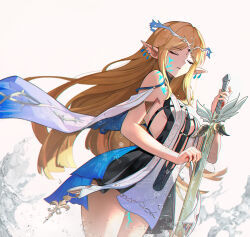 1girl absurdres bare_shoulders black_dress blonde_hair body_markings breasts cartethyia_(wuthering_waves) closed_eyes commentary cowboy_shot crown_of_thorns dress earrings highres holding holding_sword holding_weapon jewelry long_hair medium_breasts nervi_fd parted_lips pointy_ears sidelocks solo sword tabard tacet_mark_(wuthering_waves) very_long_hair weapon white_tabard wuthering_waves
