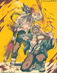 1boy 1girl arm_up back-to-back black_necktie blood blood_on_clothes blood_splatter blood_spray blue_jacket chainsaw_man collared_shirt denji_(chainsaw_man) fingernails glowing hemokinesis highres horns hybrid jacket long_hair looking_at_viewer looking_back necktie noodlenood on_one_knee patreon_username pink_hair power_(chainsaw_man) red_horns sharp_fingernails sharp_teeth shirt shirt_partially_tucked_in simple_background sleeves_rolled_up squatting teeth twitter_username white_shirt yellow_background yellow_eyes
