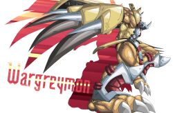 armor character_name claw_(weapon) colored_skin digimon dragon full_body gauntlets green_eyes guzu_kuo helmet highres orange_skin simple_background solo wargreymon weapon white_background yellow_armor