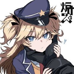 1girl 1other blonde_hair blue_jacket bright_pupils chin_on_palm_challenge closed_mouth girls&#039;_frontline hashtag-only_commentary hat highres jacket long_hair looking_at_viewer necktie peaked_cap pov pov_hands r_scrubed red_necktie super-shorty_(girls&#039;_frontline) two_side_up upper_body vest white_background white_pupils yellow_vest