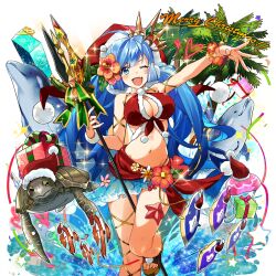 Rule 34 | 1girl, ahoge, bikini, blue eyes, blue hair, blue sarong, box, breasts, dolphin, fish, flower, gift, gift box, hat, holding, holding polearm, holding weapon, large breasts, long hair, ocean sunfish, one eye closed, open mouth, orca, palm tree, polearm, poseidon (uchihime), red flower, rowe, santa bikini, santa costume, santa hat, sarong, see-through clothes, see-through sarong, shark, side ponytail, swimsuit, teeth, tree, turtle, uchi no hime-sama ga ichiban kawaii, water, weapon