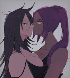 Rule 34 | 2girls, black hair, bleach, breasts, cleavage, large breasts, long hair, mmsb 551, multiple girls, ponytail, purple hair, shiba kuukaku, shihouin yoruichi