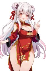 1girl armored_core armored_core_vi:_fires_of_rubicon blush braid braided_bun breasts china_dress chinese_clothes cleavage_cutout clothing_cutout cosplay dafeng_nyan-nyan dafeng_nyan-nyan_(cosplay) daysss double_bun dress hair_bun hair_ribbon hairstyle_connection highres index_finger_raised indie_virtual_youtuber large_breasts long_hair long_sleeves looking_at_viewer no_panties open_mouth orange_eyes pointy_ears ribbon solo suou_patra transparent_background very_long_hair virtual_youtuber white_hair