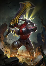 1boy armor armored_boots boots colored_skin dota_(series) dota_2 electricity fake_horns full_body glowing glowing_eyes helmet highres holding holding_sword holding_weapon horned_helmet horns huge_weapon ji_zhang male_focus outdoors pauldrons red_skin shoulder_armor single_pauldron solo standing sven_(dota) sword weapon