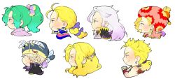 3girls 4boys asymmetrical_bangs bandana blonde_hair bow cape celes_chere chibi earrings edgar_roni_figaro everyone final_fantasy final_fantasy_vi green_hair hair_bow hair_ornament hair_ribbon high_collar jewelry locke_cole long_hair low_ponytail sabin_rene_figaro multiple_boys multiple_girls open_mouth parted_bangs ponytail portrait profile purple_cape relm_arrowny ribbon scar scar_on_face setzer_gabbiani short_hair sidelocks silver_hair souryu513_(sousuke) square_enix tina_branford wavy_hair white_background