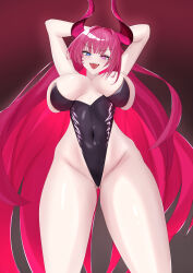 1girl absurdres arms_behind_head azur_lane black_leotard blue_eyes breasts covered_navel demon_girl demon_horns fangs from_below gluteal_fold groin hair_intakes heterochromia highres horns large_breasts leotard long_hair looking_at_viewer mecklenburg_(azur_lane) nemumure open_mouth pink_eyes pink_hair pink_horns playboy_bunny solo very_long_hair