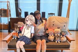 2girls ;q asaka_karin black_hair blue_shirt blue_skirt blunt_bangs blush character_doll closed_mouth collared_shirt commentary_request crescent crescent_hair_ornament doll double_v dress_shirt feet_out_of_frame finger_to_cheek grin hair_ornament inset_border kasumin_box konoe_kanata long_hair looking_at_viewer love_live! love_live!_nijigasaki_high_school_idol_club miniskirt miyashita_ai multiple_girls nakasu_kasumi neck_ribbon one_eye_closed osaka_shizuku photo_background pink_eyes plaid_clothes plaid_skirt pleated_skirt ribbon sagara_mayu shirt short_sleeves skirt smile socks sweater_vest takasaki_yu teeth tennoji_rina tongue tongue_out uehara_ayumu v voice_actor_connection white_socks yellow_ribbon yellow_sweater_vest yoon_(yoon_lovelive) yuki_setsuna