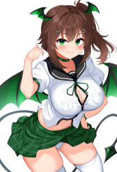 1girl black_sailor_collar blush breasts brown_hair button_gap choker closed_mouth commentary_request commission cowboy_shot daichi_(tokoya) demon_girl demon_tail demon_wings green_choker green_skirt green_wings hair_ornament hairclip highres indie_virtual_youtuber kevkild large_breasts looking_at_viewer medium_hair midriff miniskirt navel one_side_up panties plaid_clothes plaid_skirt sailor_collar shirt simple_background skeb_commission skirt smile solo tail thighhighs underwear virtual_youtuber white_background white_panties white_shirt white_thighhighs wings