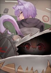 2girls :3 ahoge alternate_costume animal_ear_fluff animal_ears ass black_hoodie blush boosty_username braid breasts brown_hair cat_ears cat_girl cat_tail chainsaw chalkboard classroom clock commentary desk dog_ears dog_girl from_behind hair_between_eyes highres hololive hood hoodie huge_ass indoors inugami_korone large_breasts long_hair looking_at_another looking_at_viewer looking_back low_twin_braids multiple_girls naughty_face nekomata_okayu on_desk open_mouth patreon_username presenting presenting_ass purple_eyes purple_hair school_uniform serafuku short_hair sitting smile solo_focus symbol-only_commentary tail tongue tongue_out twin_braids underwear virtual_youtuber wersman