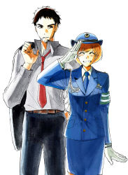 Rule 34 | 1boy, 1girl, armband, babakun, belt, belt buckle, black hair, black pants, blue hat, blue jacket, blue necktie, blue skirt, blush, buckle, buttons, cigarette, closed eyes, collared shirt, doujima ryoutarou, facial hair, facing viewer, feet out of frame, gloves, green armband, grey shirt, grin, hat, highres, holding, holding jacket, holding unworn clothes, jacket, jacket over shoulder, long sleeves, mouth hold, necktie, pants, persona, persona 4, police, police hat, police uniform, policewoman, red necktie, salute, satonaka chie, shirt, short hair, skirt, smile, unworn jacket, white background, white gloves, white shirt