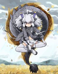 Rule 34 | 1girl, animal ears, boots, bow, bowtie, collared shirt, crossed legs, dragon ears, dragon girl, dragon horns, dragon tail, elbow gloves, fingerless gloves, floating, garter straps, gloves, grey shirt, hair between eyes, highres, horns, kemono friends, long sleeves, midriff peek, navel, pleated skirt, purple eyes, rumenia (ao2is), shirt, short hair, short twintails, sidelocks, skirt, slit pupils, solo, tail, thighhighs, twintails, white boots, white bow, white bowtie, white dragon (kemono friends), white gloves, white hair, white skirt, white thighhighs, zettai ryouiki