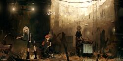 3girls bad_id bad_pixiv_id black_footwear boots cleaning english_text holding holding_pickaxe kneeling ladder lantern multiple_girls orange_hair original outdoors pickaxe qtonagi short_hair shovel silhouette standing uniform wagon wheel white_hair wreckage