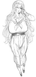 1girl alternate_costume borrowed_character breasts collarbone flipped_sidelocks francoise_(eurasia) full_body greyscale hair_over_one_eye hand_in_own_hair head_tilt highres huge_breasts indinu long_hair long_skirt monochrome neckerchief original parted_lips pleated_skirt sailor_collar sailor_shirt school_uniform serafuku shirt simple_background sketch skirt solo standing very_long_hair wavy_hair white_background