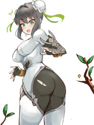 1girl arm_guards ass black_bodysuit black_gloves black_hair blush bodysuit bracer branch breasts bun_cover double_bun elbow_gloves fate/grand_order fate_(series) fingerless_gloves gloves green_eyes green_ribbon hair_bun hair_ribbon highres jewelry large_breasts looking_at_viewer looking_back medium_hair neck_ring open_mouth qin_liangyu_(fate) ribbon sidelocks silver_trim solo thighs torn_clothes user_fkzw8222 white_bodysuit