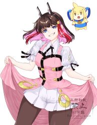 1girl azure_striker_gunvolt azure_striker_gunvolt_2 azure_striker_gunvolt_3 black_pantyhose blue_eyes brown_hair clothes_lift cosplay cowboy_shot dog dress dress_lift earrings gunvolt highres jewelry kirin_(gunvolt) multicolored_hair ouka_(gunvolt) ouka_(gunvolt)_(cosplay) pantyhose pink_dress pink_hair red_hair shiraha_gcam simple_background smirk solo_focus sphere_earrings watermark white_background white_dress
