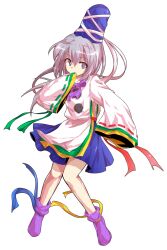 1girl alphes_(style) closed_mouth commentary_request dairi full_body grey_eyes grey_hair hand_to_own_mouth hat highres large_variant_set long_hair long_sleeves mononobe_no_futo parody ponytail purple_shoes ribbon shirt shoes skirt sleeves_past_wrists solo style_parody tachi-e touhou transparent_background variant_set wide_sleeves