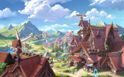 1girl absurdres bird blue_sky bridge building cloud fantasy grass highres lamp medieval mountain niuniu123654 original outdoors parrot scenery sky town tree water windmill