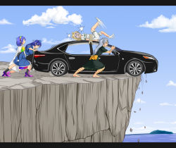 4girls angry animal_ears arm_ribbon barefoot black_car black_coat black_socks blonde_hair blue_dress blue_hair blue_headwear blue_sky bound bow cape car cliff cloud coat commentary day dress fox_ears fox_girl frilled_dress frills gag gagged grand_theft_auto grand_theft_auto_v green_dress green_ribbon grey_hair hairband hat hidaruma himemushi_momoyo iizunamaru_megumu kudamaki_tsukasa large_bow leg_ribbon letterboxed long_hair lying medium_hair motor_vehicle mullet multicolored_dress multicolored_hairband multiple_girls on_back onesie outdoors pink_shoes pointy_ears pom_pom_(clothes) purple_footwear pushing rainbow_gradient restrained ribbon romper rope shoes short_sleeves sky sleeveless sleeveless_coat socks tenkyuu_chimata tied_up_(nonsexual) tokin_hat touhou toyota toyota_camry vehicle_focus white_cape white_ribbon white_romper white_socks yellow_bow yellow_ribbon
