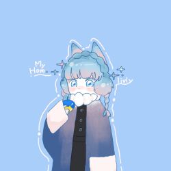 1girl acorn animal_ears aqua_hair blue_background blue_eyes blush braid coat commentary_request crown_braid english_text engrish_text fur-trimmed_coat fur_trim gradient_hair highres livly_island multicolored_hair negative_space ranguage sparkle sskitaco twin_braids upper_body white_hair winter_clothes winter_coat