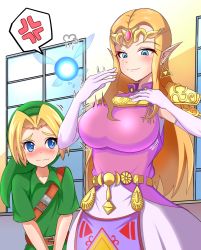 1boy 1girl age_difference aged_down aged_up blonde_hair blue_eyes blush bouncing_breasts breasts highres impossible_clothes impossible_shirt large_breasts link navi nintendo pointy_ears princess_zelda shirt shota tagme the_legend_of_zelda the_legend_of_zelda:_ocarina_of_time time_paradox young_link