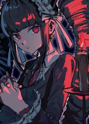 1girl backlighting bell bell_earrings black_background black_dress black_hair blunt_bangs candle candlestand celestia_ludenberg commentary cotolu danganronpa:_trigger_happy_havoc danganronpa_(series) dress drill_hair earrings frown gothic_lolita hairband highres jewelry limited_palette lolita_fashion long_sleeves looking_at_viewer necktie own_hands_clasped own_hands_together red_eyes red_necktie revision solo twin_drills white_hairband
