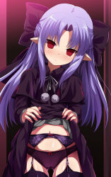 1girl absurdres black_dress black_panties black_thighhighs blue_hair blush bow cameltoe clothes_lift dress dress_lift empty_eyes expressionless garter_belt hair_bow highres len_(tsukihime) lifting_own_clothes long_hair melty_blood navel panties pointy_ears red_eyes ribbon shimejinameko solo thigh_gap thighhighs tsukihime underwear