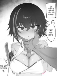 Rule 34 | 1boy, 1girl, absurdres, artist name, between breasts, breasts, commentary, eonsang, girls&#039; frontline, girls&#039; frontline 2: exilium, greyscale, hand on another&#039;s chin, highres, korean text, looking at viewer, monochrome, multicolored hair, open mouth, pov, pov hands, simple background, speech bubble, streaked hair, translation request, twitter username, two-tone hair, upper body, zhaohui (girls&#039; frontline 2)